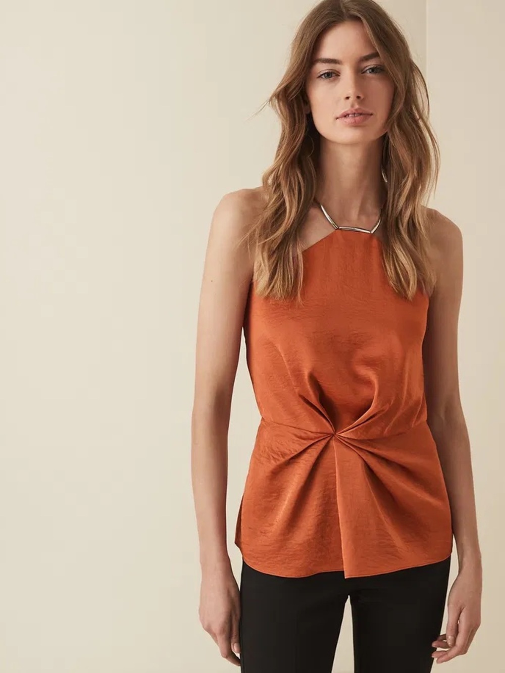 REISS Leandra Halter Top Satin Sleeveless Blouse Orange size US 4